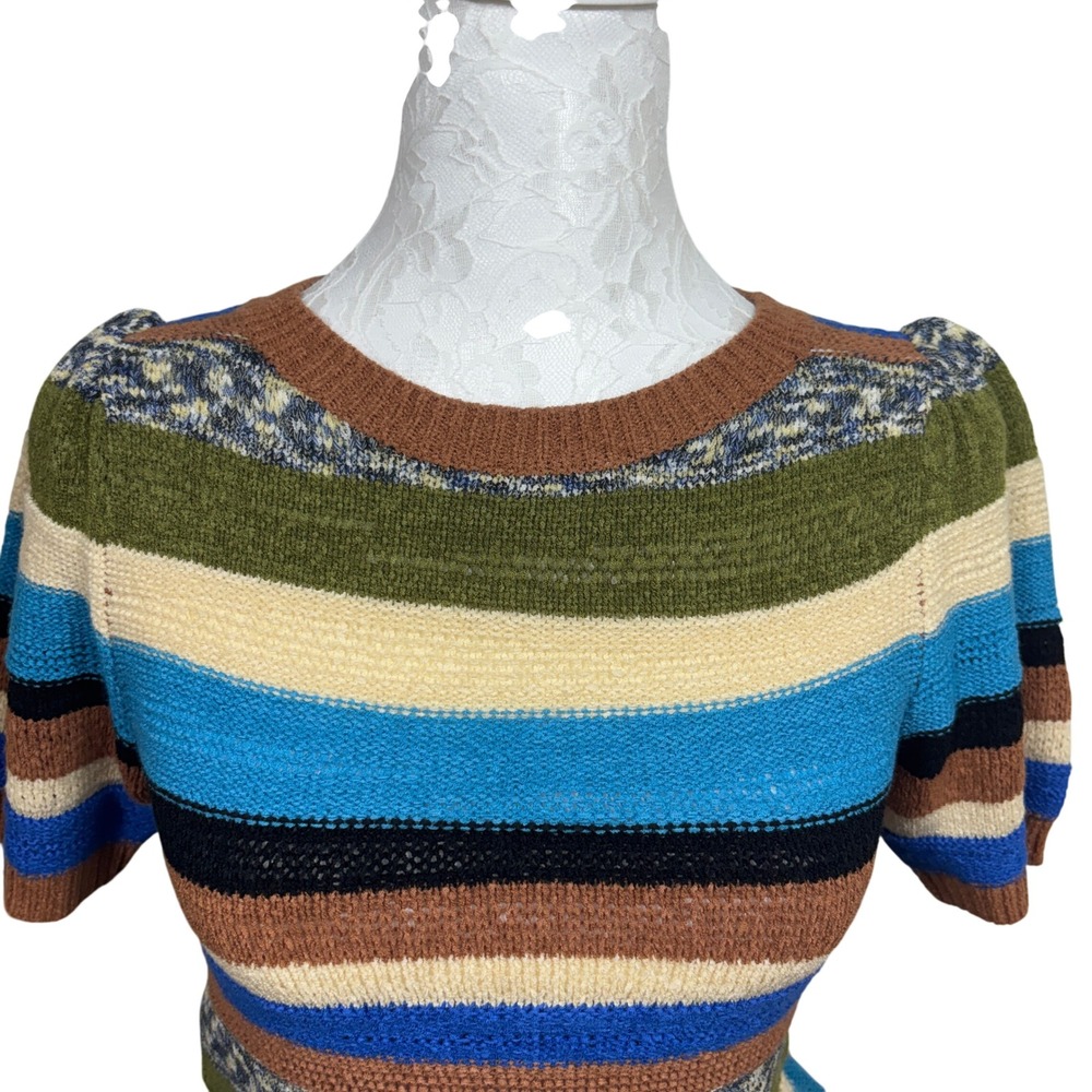 Elizabeth James The Label Striped Knit Puff Sleeve Crewneck Sweater Top Women XS - Picture 2 of 8